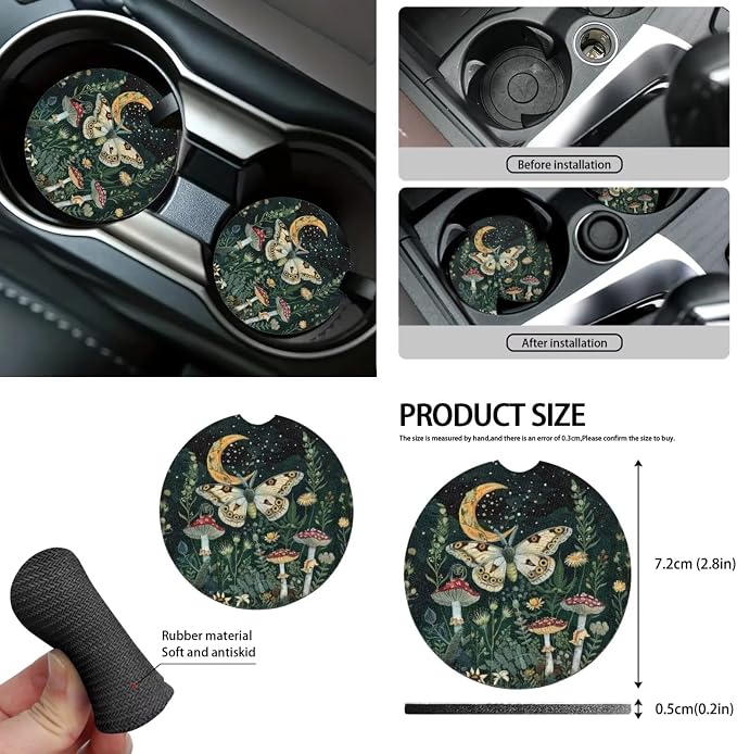 Moon Mushroom Moth Car Seat Covers Full Set for Women Retro Car Accessories Seat Cover with Steering Wheel Cover Seatbelt Pad Coasters Garbage Bag Car Headrest Pillow Covers Armrest Pad