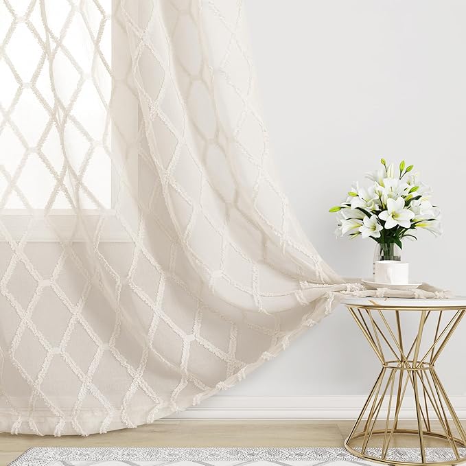 Extra Long Beige Sheer Curtains 126 Inches Long for Living Room Back Tab Semi Sheer Curtain Geometric Embroidered Tuft Pom Textured Curtian Drapes Earth Tone Farmhouse Rustic Bedroom Taupe Tan 52x126