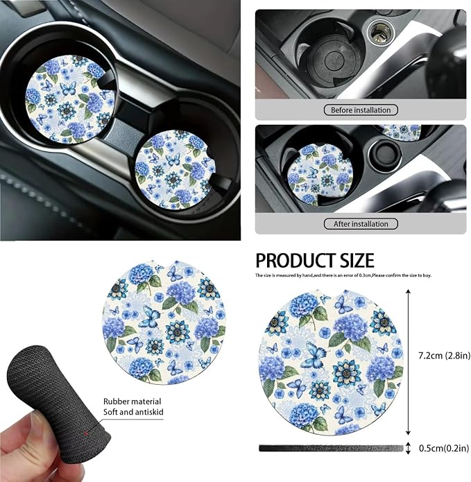 Hydrangea Boho Mandala Butterfly Pattern Car Seat Covers Full Set, 13 Pieces Car Accessories with 1 Steering Wheel Cover, 4 Seat Belt Covers and 4 Waterproof Coasters Universal Fit for SUV
