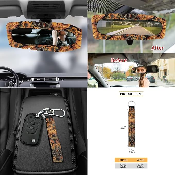 Pumpkin Sunflower Print Car Seat Covers Full Set Thanksgiving Decor Steering Wheel Cover Car Trash Can Keychain Seat Belt Pad Cup Coaster, Set of 15 for Autumn