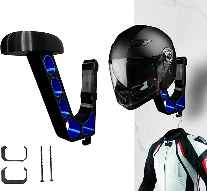 Wall Mounted Helmet Holder – Heavy Duty Motorcycle Helmet Hanger Rack for Garage Storage | Helmet Wall Mount for Motorcycle, Bicycle, Football & VR Headset | 3D Printed PETG Helmet Hook Sapphire Blue