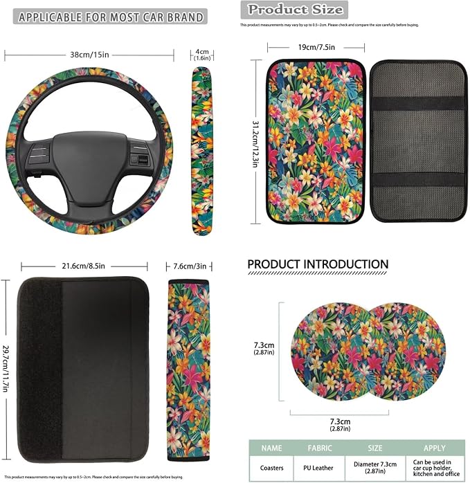 Bulopur Hawaiian Hibiscus Floral Car Seat Covers Front and Rear with Armrest Cover Seat Headrest Cover Car Seatbelt Shoulder Strap Covers Keychain Auto Interior Accessories Set for Van Sedan SUV