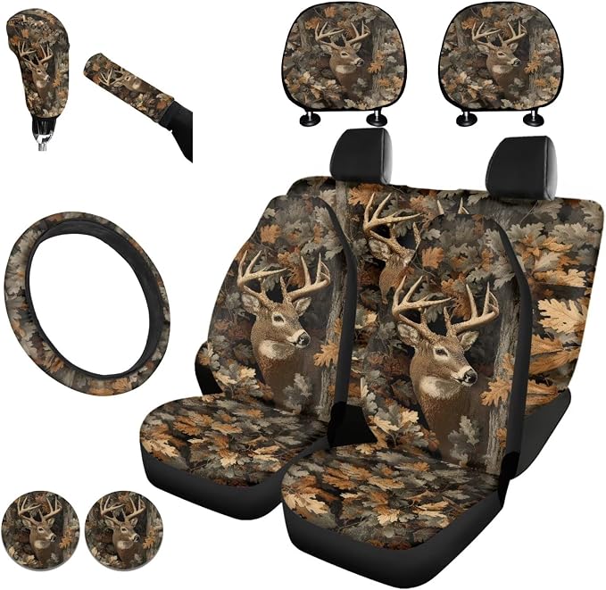 KEIAHUAN Deer Camo Hunting Car Seat Covers Full Set Front Rear Seat Covers Handbrake and Gear Shift Knob Cover,Headrest Covers,Steering Wheel Cover,Head Rest Cover,Coasters 11 PCS