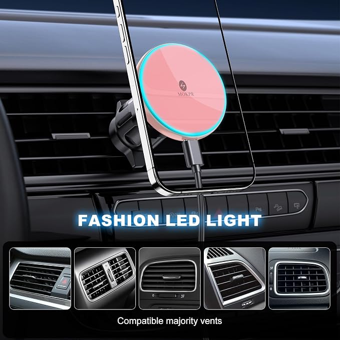 MOKPR for Mag-Safe Car Mount Charger, Magnetic Phone Holder for Your Car Charger Dash Windshield Vent Magnetic Wireless Car Charger Mount for iPhone 17 16 15 14 13 12 Pink