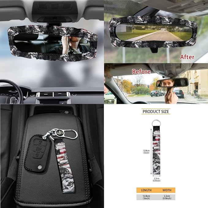 Wanyint Wolf American Flag 15 PCS Car Seat Covers Set for Men Women, Auto Seat Protector with Steering Wheel Cover Seat Belt Pads Trash Bin Air Vent Pocket Rear View Mirror Cover Coasters Key Chain