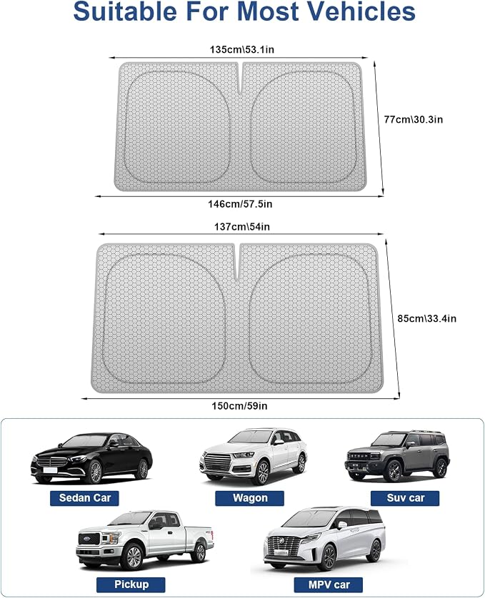 helloleiboo Graphene Car Windshield Sun Shade โ 59" x 33" Foldable Car Sun Shade, Advanced Heat Absorption & UV Protection, Universal Fit for Cars, SUVs & Trucks (59 * 33 Inches)