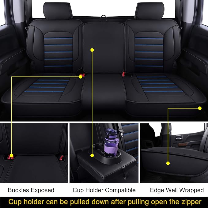 LUCKYMAN CLUB Silverado Seat Covers Fit for 2007-2023 2024 2025 Chevy Silverado Sierra 1500 2500 3500 Crew,Double,Extended Cab with Water Proof Faux Leather (Black & Blue Full Set)