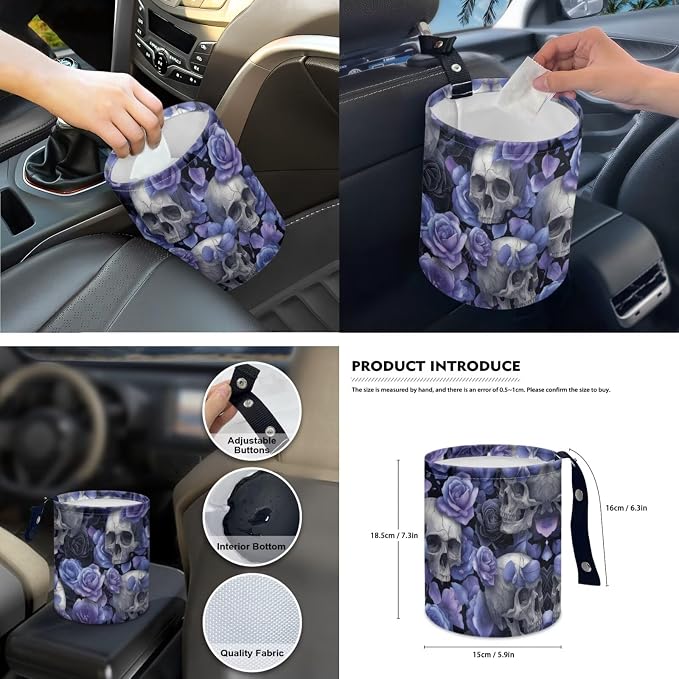 15 Pcs Light Purple Skull Car Seat Covers Full Set for Women Goth Accessories Interior Car Steering Wheel Cover Seatbelt Covers Trash Bin Rear View Mirror Cover Cup Holders Keychain