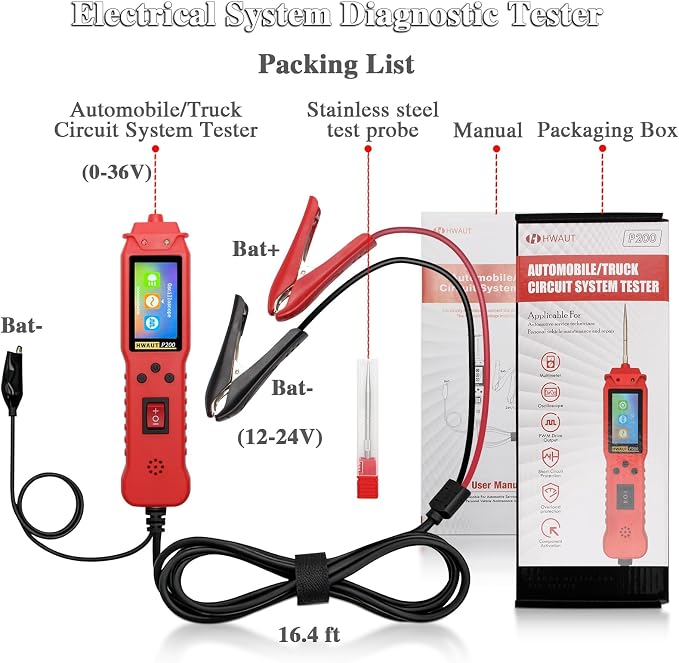 Automotive Circuit Tester, Power Circuit Probe Short Finder with Multimeter & Oscilloscope, 0-36V DC/AC Voltage, PWM Drive, Component Activation, Tester Electric 16.4FT Cable for Car Truck RV