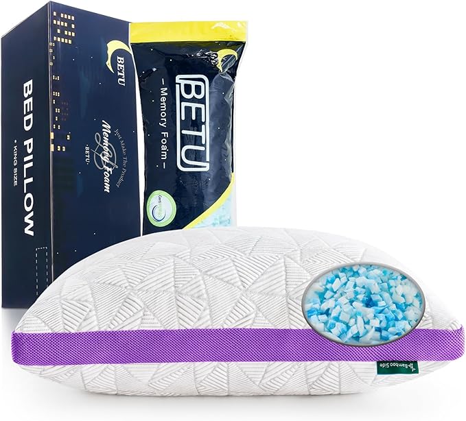 BETU Cooling Pillows Queen Size Set of 2, Shredded Memory Foam Pillows Cool for Hot Sleepers, Adjustable Firm Soft Support Bed Pillow Perfect for Back Neck Pain and Side Sleeping with Cover, Purple