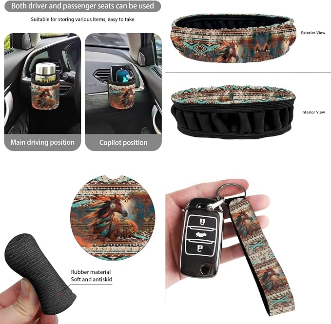 Dreaweet Navajo Car Seat Covers Full Set Tribal Horse Seat Covers with Steering Wheel Cover Seat Belt Pads Car Coaster Trash Can Air Vent Holder Rear View Mirror Cover Keychain Universal Fit