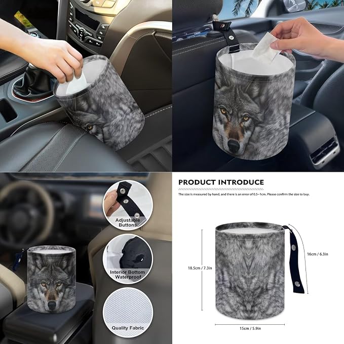 Wolf Print Car Seat Covers Full Set High Back Bucket Seat Covers with Steering Wheel Cover Center Console Armrest Pad Seatbelt Pads Car Rear View Mirror Protector Garbage Bag