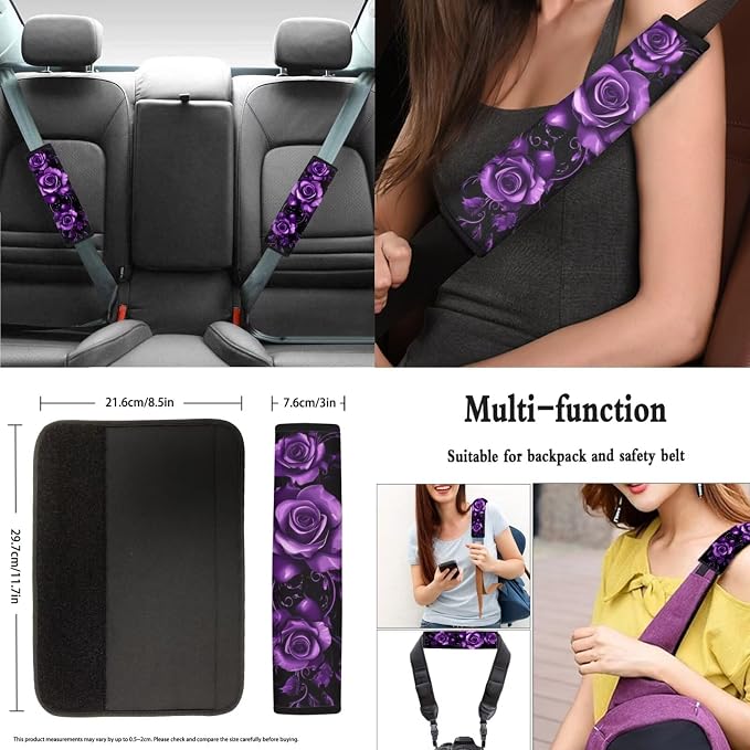 8 Pcs Moon Purple Rose Car Seat Covers Full Set Car Accessories for Women Front Seat Cover Steering Wheel Armrest Cover Seat Belt Cover for Auto SUV Interior Decoration