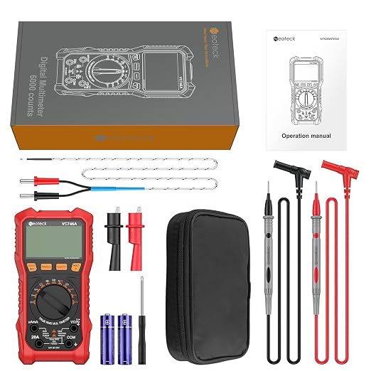 Neoteck 6000 Counts Digital Multimeter for DC AC Voltage/Current TRMS Voltmeter with Test Probe Auto Range Multimeter with NCV Live for Temperature Capacitance Resistance Diode Continuity Red