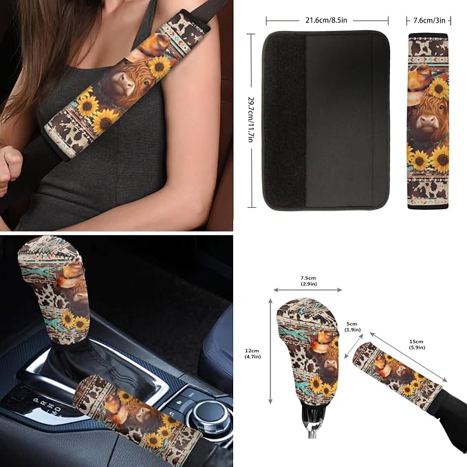 Wanyint Aztec Highland Cow Cowboy Sunflower Car Seat Covers Full Set Pack of 12, with Steering Wheel Cover Seat Belt Pad Armrest Pad Handbrake Cover Gear Shift Cover Handbrake Cover Cup Coaster