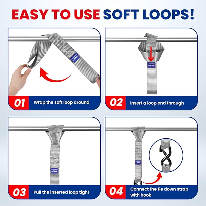 MOCA Gray Heavy Duty Ratchet Tie Down Straps - 5,200 Lbs Breaking Strength 1.6" x 8', Includes 4 Heavy Duty Ratchet Padded Handles & Coated Chromoly S Hooks & 4 Soft Loop Tie-Downs
