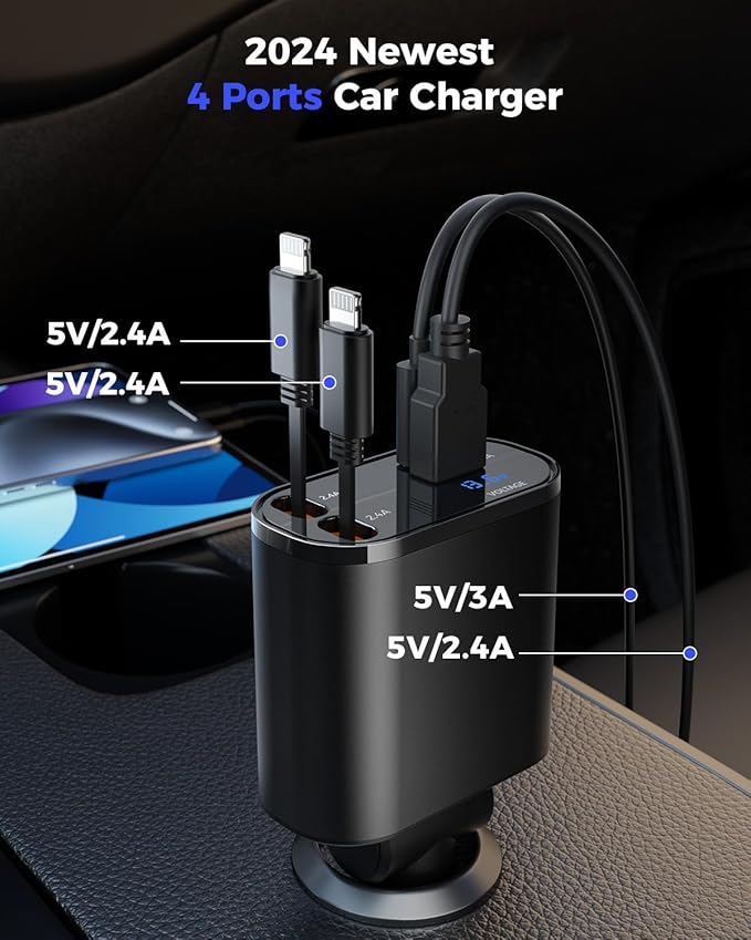 SUPERONE Retractable Car Charger for iPhone with Dual Lightning Cables & MagSafe Cup Holder Charger