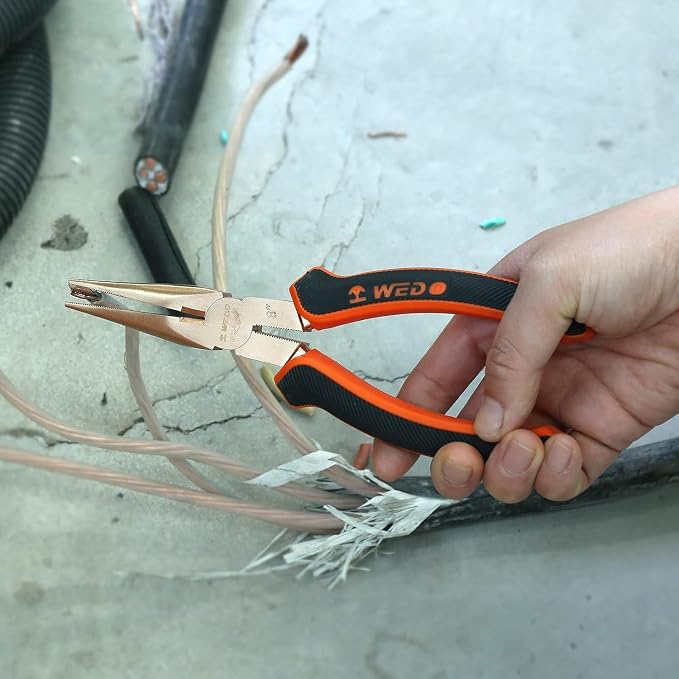 WEDO Needle Nose Pliers Non-Sparking, 150mm Precision Long Nose Pliers, Snipe Nose Plier with Wire Cutters, BAM & FM Certificate, Aluminum Bronze