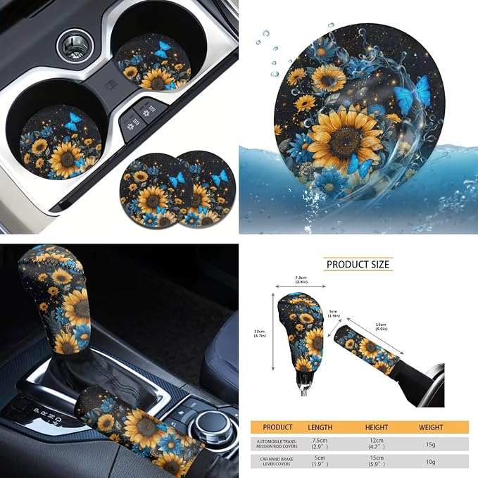 Tupalatus Sunflower Butterfly 9 Pcs Car Seat Covers Front Seats Steering Wheel Cover Auto Seat Belt Cover Gear Shift Cover Hand Brake Cover Coasters for Cup Holders Universal Fit Car Accessories