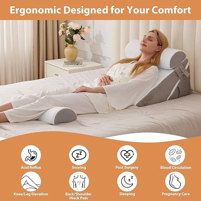 BIEEZZK 4PCS Wedge Pillow Set for After Surgery, Back Pillow for Bed Sitting up, 9&12inch Adjustable Memory Foam Bed Wedges, Pillow Wedge for Acid Reflux, Back Pain Relief, Snoring, White/Grey