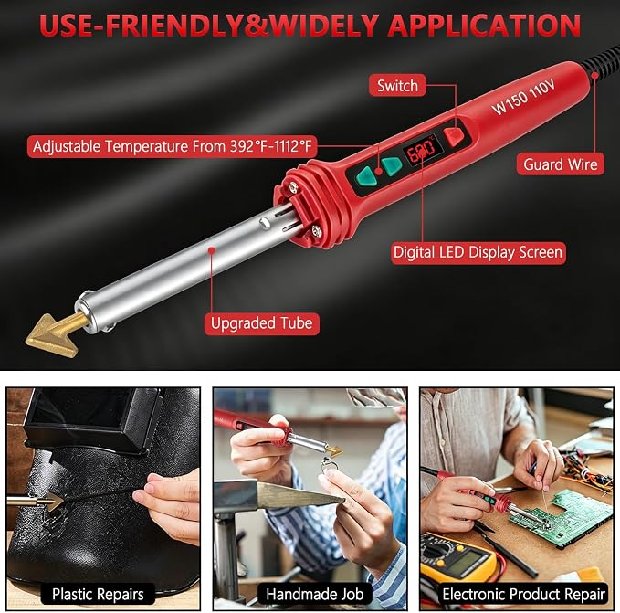 GNI Upgraded 150W LED Digital Adjustable Temperature Plastic Welder Kit | 106PCS Welding Rods Repair Kit, 4 Tips 3 IN 1 Soldering Iron Kit, Plastic Welding Kit for DIY/Bumper Kayaks