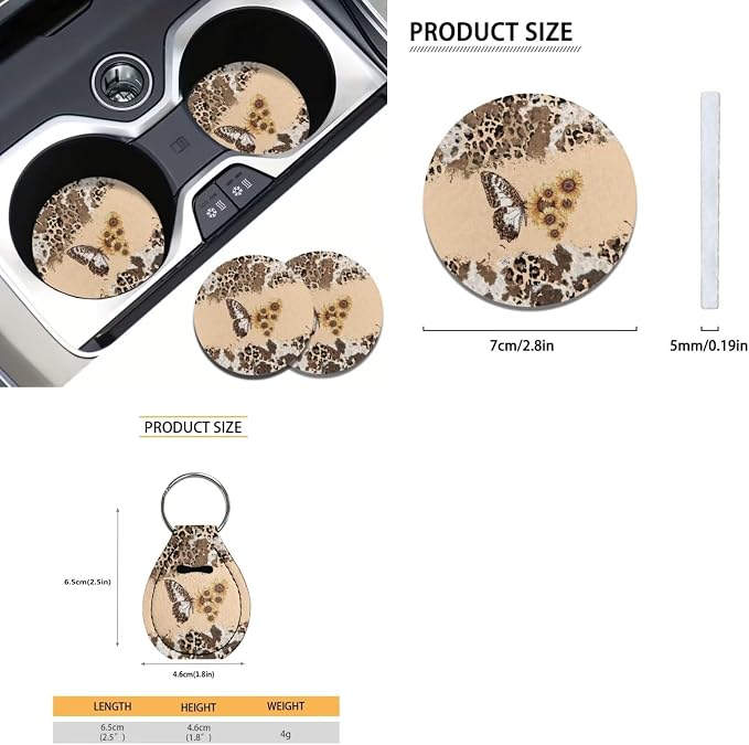 Suobstales Butterfly Sunflower Cow Leopard Print Car Accessories Car Seat Covers Full Set with Steering Wheel Cover + Seat Belt Covers Shoulder Pads + Coasters + Keychains Interior Cover Set of 11