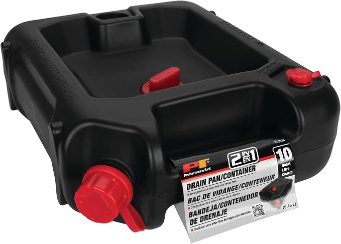 Performance Tool W4076 10-Quart Oil Drain Container, Deep Drain Well, Integrated Handle, Sealing Rubber Gaskets, Black