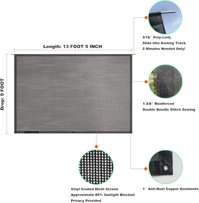 Shadeidea RV Awning Sun Shade Screen - 9' X 13' 5'' (Fit for 14' Awning) Mesh Sunshade for Motorhome Camping Trailer Awning Shadescreen UV Sunblocker Canopy Sunscreen - 3 Year Warranty (Black)