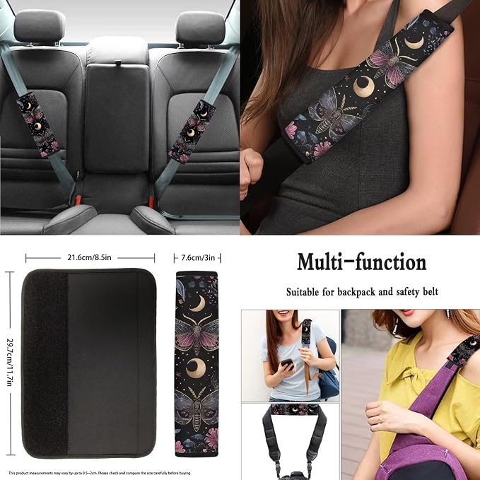 8 Pcs Moon Moth Car Seat Covers Full Set Car Accessories for Women Front Seat Cover Steering Wheel Armrest Cover Seat Belt Cover for Auto SUV Interior Decoration