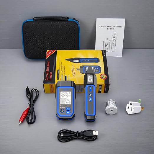 NOYAFA Rechargeable Circuit Breaker Finder with LCD Display & GFCI Outlet Tester, NCV AC Electrical Tester Circuit Tracer Flashlight, Includes Carrying Case and Adapters- NF-824B