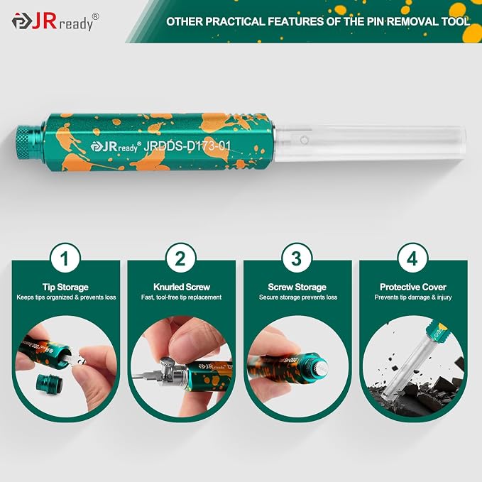 JRready DAP-D173 Molex Pin Extractor Mini Fit Jr Extraction Tool+JRDDS Series Terminal Removal Tool Kit Molex Pin Extractor Tool with Storage Handle 9Pcs Tips for AMP Delphi Molex Bosch Connectors