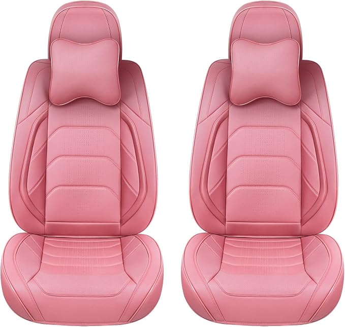TIEHESYT Pink Car Seat Covers Front Pair, Breathable Leather Automotive Front Seat Covers & Headrest for Comfortable Driving, Universal Auto Interior Fit for Most Kinds of Vehicles