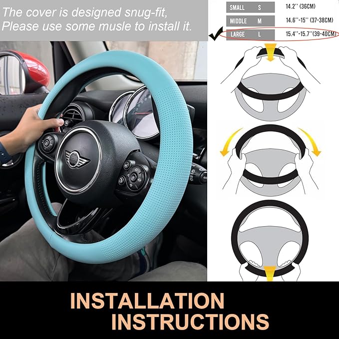 PINCTROT Large Size Nappa Leather Steering Wheel Cover, Slim Fit No Bulk Design, One Piece Leather with Breathable Perforation, Fit Like Gloves, 15.5-15.75 Inch(Nappa Aqua)