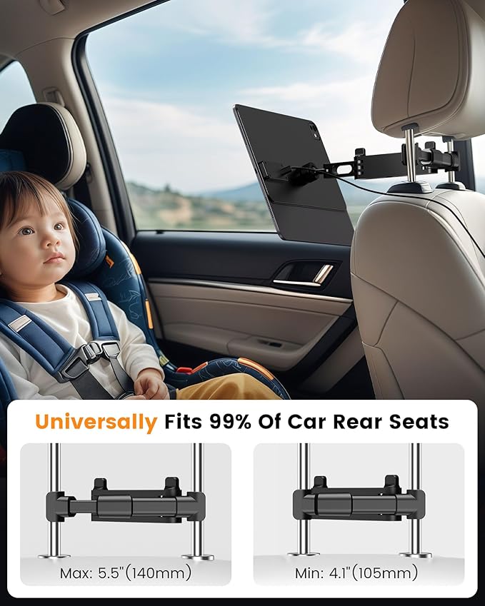 KU XIU Magnetic Wireless Charging Car Headrest Tablet Holder for iPad Pro 11'' M4/M5 Only, Adjustable Long Arm Tablet Car Mount Back Seat for Kids, Road Trip Essentials Holder with Air Vent Stand
