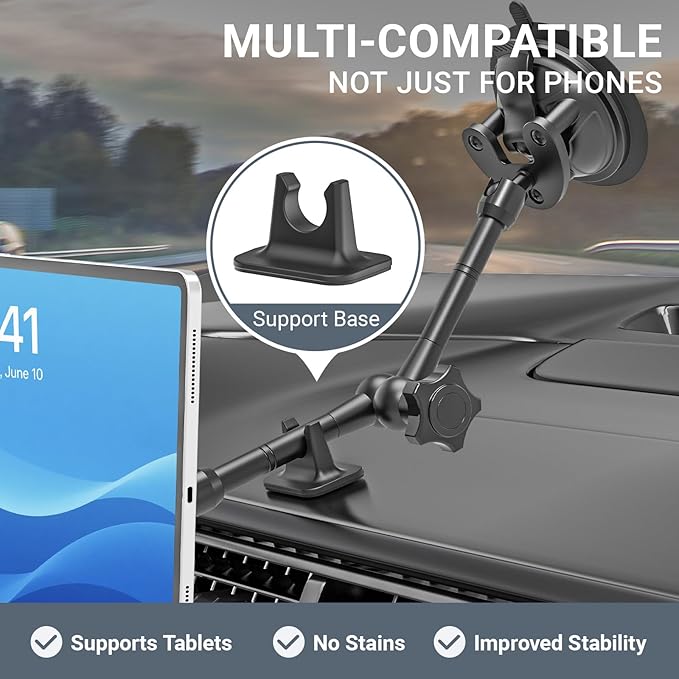 Vacuum Suction Cup Magnetic Phone Mount for Truck Windshield Dashboard, Fit for 4.7-11" Device, Heavy-Duty 360° Adjustable Metal Arm, Compatible with iPhone 16 15 14 Pro Max, iPad, Galaxy Tabs
