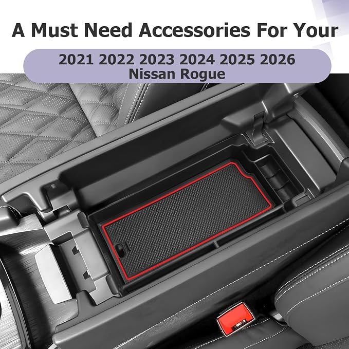 LUWU 2025 2026 Rogue Center Console Organizer for 2021 2022 2023 2024 2025 2026 N issan Rogue Accessories Armrest Console Storage Box Insert Tray ABS Material Red-trim