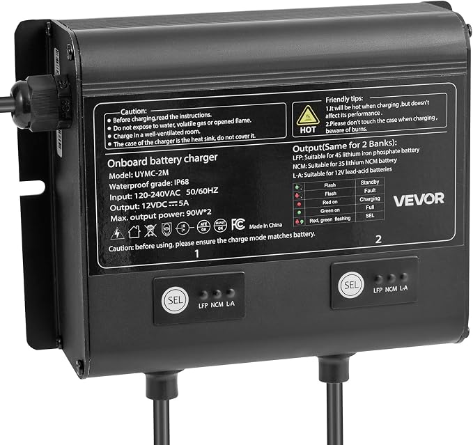 VEVOR 2 Bank Marine Battery Charger, 5A × 2, 12V Onboard Charger, IP68 Waterproof Smart Boat Battery Charger, for Lithium-Ion LiFePO4, NCM, Lead-Acid Batteries, Large Boat, Yacht, RV, Trailer