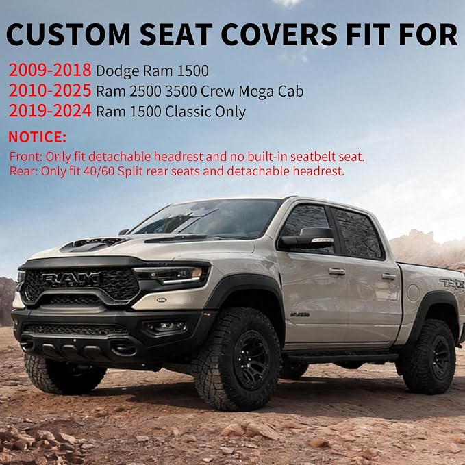 Truckiipa Custom Seat Covers for Ram 1500, Leather Car Seat Covers Fit for 2009-2018 Dodge Ram 1500, 2010-2025 Ram 2500 3500 Crew Mega Cab, 2019-2024 Ram 1500 Classic Only, Front Pair, Grey