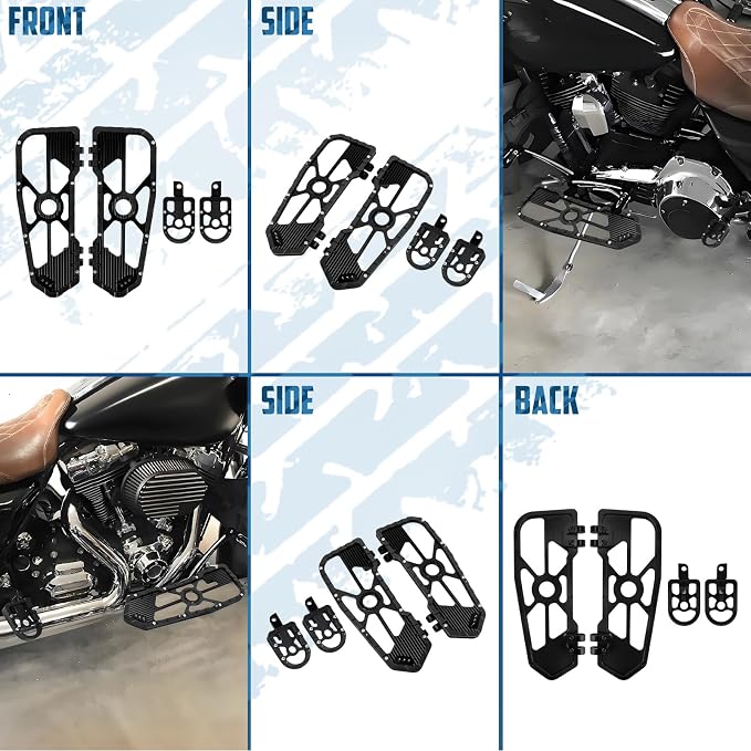 Motorcycle Floorboards Set Driver Front Footboards and Rear Passenger Foot Pegs Kit Offroad MX Style Fit for Harley Touring Road King Road Glide Electra Glide Street Glide (Black Edge)