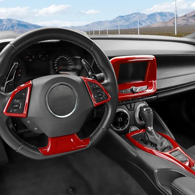 Jimen Fit for Chevrolet Camaro 2017-2024, 6PCS Red Interior Trim Kits - Navigation Screen Cover, Gear Shift Panel Trim