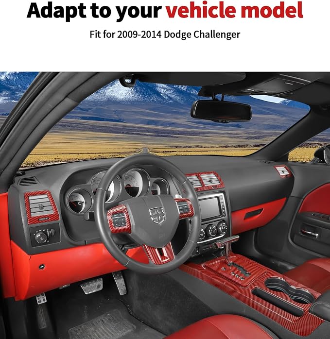 JWWY Challenger Interior Kit for 2009-2014 Dodge Challenger, Gear Shift Panel Dashboard Center Console Vent Outlet Cover Trim Red Carbon Fiber 8PCS