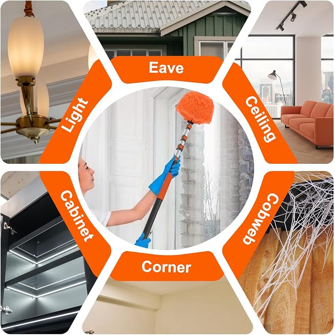 SISUPASSIE 20FT Reach Cobweb Duster with Extension Pole, High Ceiling Long Duster with 3-12FT Telescoping Pole, Spider Web Brush for Indoor Outdoor Use