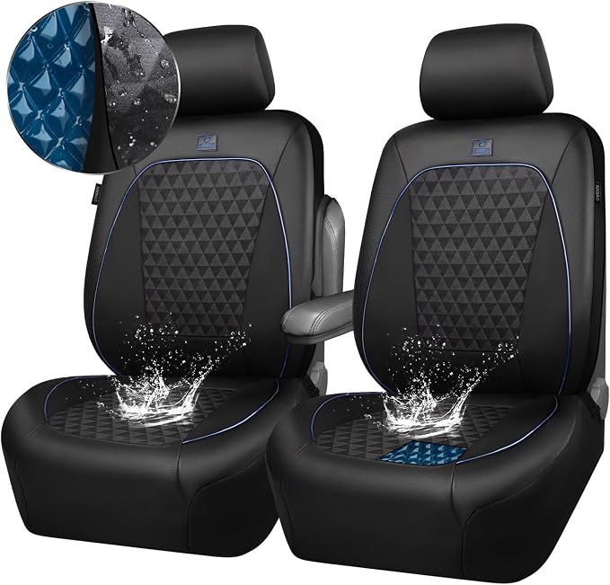 Outlet Leather Car Seat Covers Gel Wetsuit PU Front Seat Cover Waterproof EVA 2pcs All Weather Neoprene Universal Fit Pickup SUV Truck Sedan Automotive, Armrest Airbag Compatible, Rhombic Blue Strip