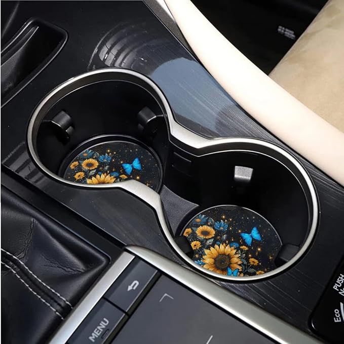 BIGCARJOB 15 Pcs Blue Butterfly Car Interior Sets for Women Car Seat Cover Sunflower Print Vehicle Bucket Seat Cover Full Set Trash Can Car Seat Headrest Pillow Cover Seat Belt Pads