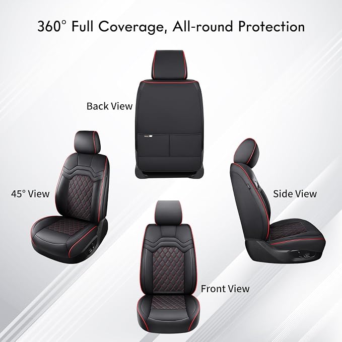 Huidasource Ford F250 Black&Red Front Seat Covers, 360° Full Wrap Leather Seat Cushion Cover Fit for Ford F150 2015-2026, F250 F350 F450 2017-2026 All Cab XL XLT Lariat King Ranch Platinum