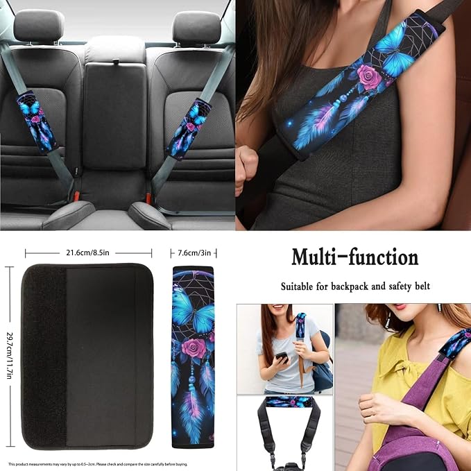 Dream Catcher 8 Pcs Butterfly Rose Car Seat Covers Full Set Car Accessories for Women Front Seat Cover Steering Wheel Armrest Cover Seat Belt Cover for Auto SUV Interior Decoration