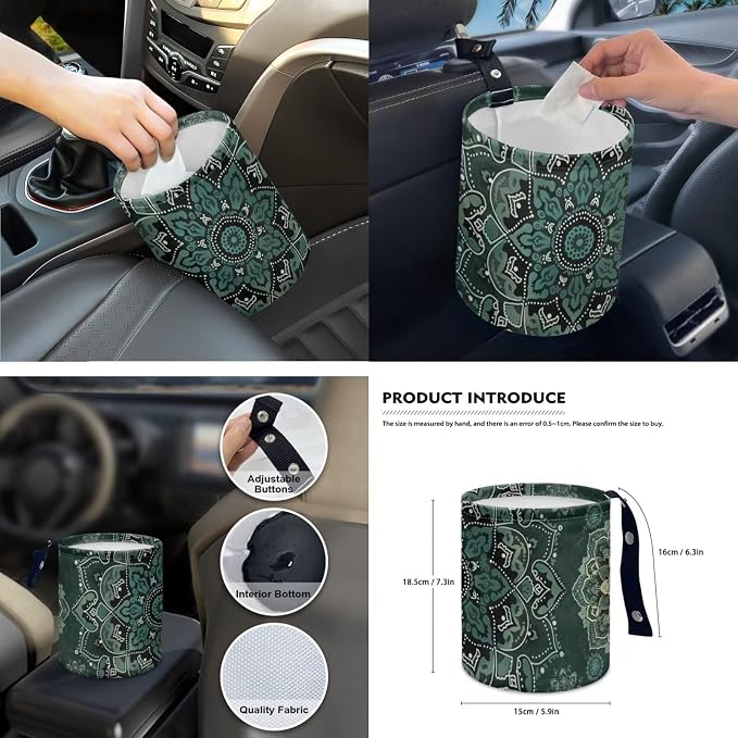 Green Mandala Floral Car Accessories Car Seats Cover Protector, Steering Wheel Covers, Seatbelt Cover, Car Trash Can, Cup Coasters, Rearview Mirror Cover, Keychains, Pack of 15