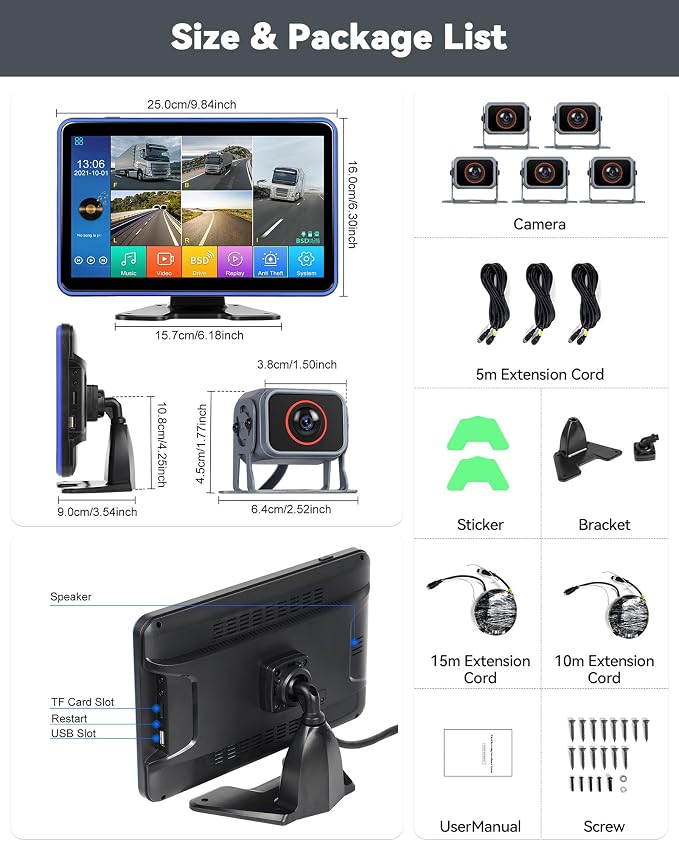 CAMECHO 5 Channel RV Backup Camera Vehicle Backup System with 10.1'' Monitor Touchscreen & 5 Split Display 1080P Backup Cameras, MP5 Player Vehicle DVR Recorder for RV/Truck/Bus/Trailer/Camper/Van