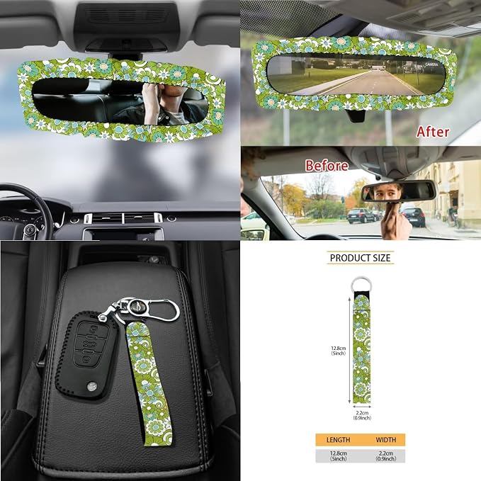 Hippie Flowers Green Print 15Pcs Car Seat Cover Full Set Car Steering Wheel Cover Seat Belt Cover Trash Bin Air Vent Storage Box Front Rear View Mirror Car Cup Holder Keychain