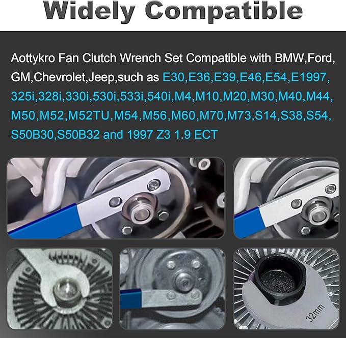 32 & 36mm Fan Clutch Wrench Set, Fan Clutch Removal Tool Kit with Water Pump Holder, Compatible with BMW, Chevrolet, Ford, GM, Dodge, Jeep (Blue)